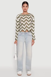 Womens Chevron Crochet Long Sleeve Cropped Sweater, Green, Size L