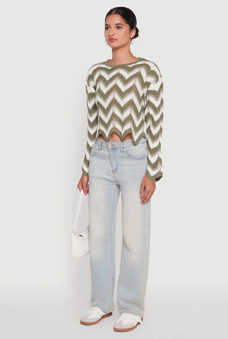 Womens Chevron Crochet Long Sleeve Cropped Sweater, Green, Size S