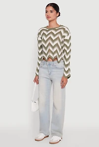 Womens Chevron Crochet Long Sleeve Cropped Sweater, Green, Size S