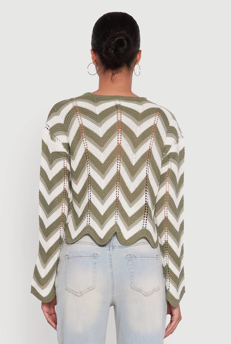 Womens Chevron Crochet Long Sleeve Cropped Sweater, Green, Size L