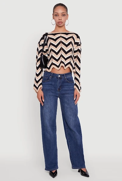 Womens Chevron Crochet Long Sleeve Cropped Sweater, Multi, Size L