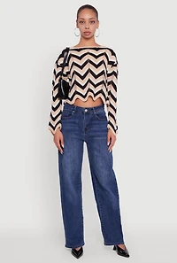 Womens Chevron Crochet Long Sleeve Cropped Sweater, Multi,