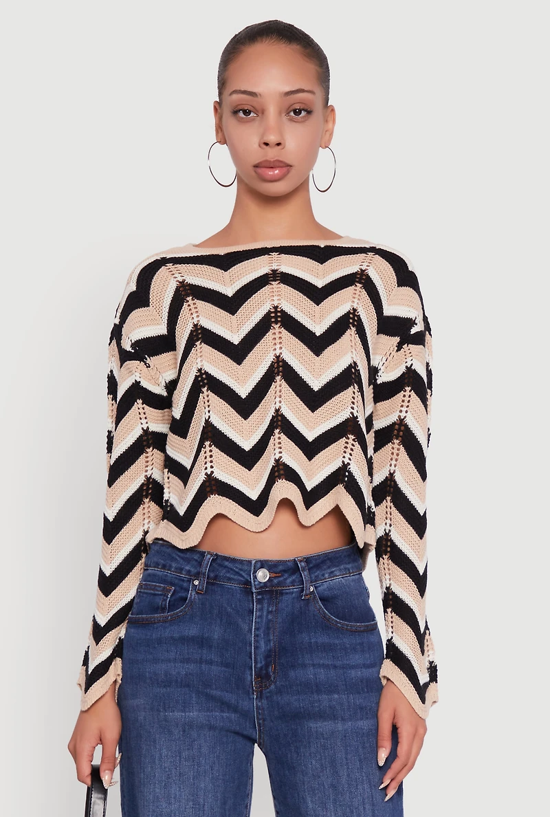 Womens Chevron Crochet Long Sleeve Cropped Sweater, Multi,