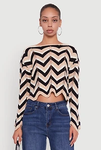 Womens Chevron Crochet Long Sleeve Cropped Sweater, Multi,