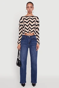 Womens Chevron Crochet Long Sleeve Cropped Sweater, Multi,