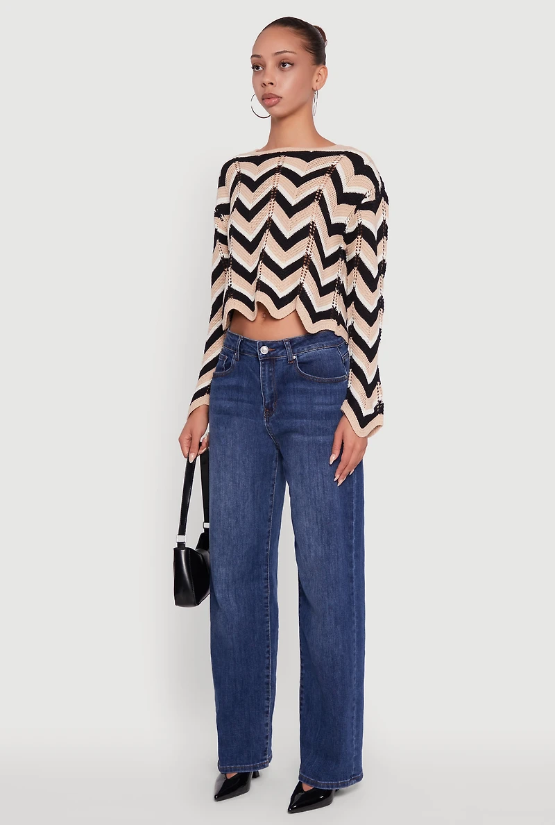 Womens Chevron Crochet Long Sleeve Cropped Sweater, Multi, Size S