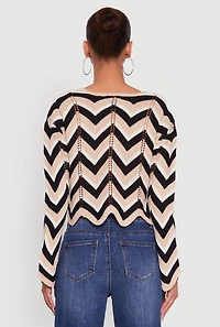 Womens Chevron Crochet Long Sleeve Cropped Sweater, Multi,