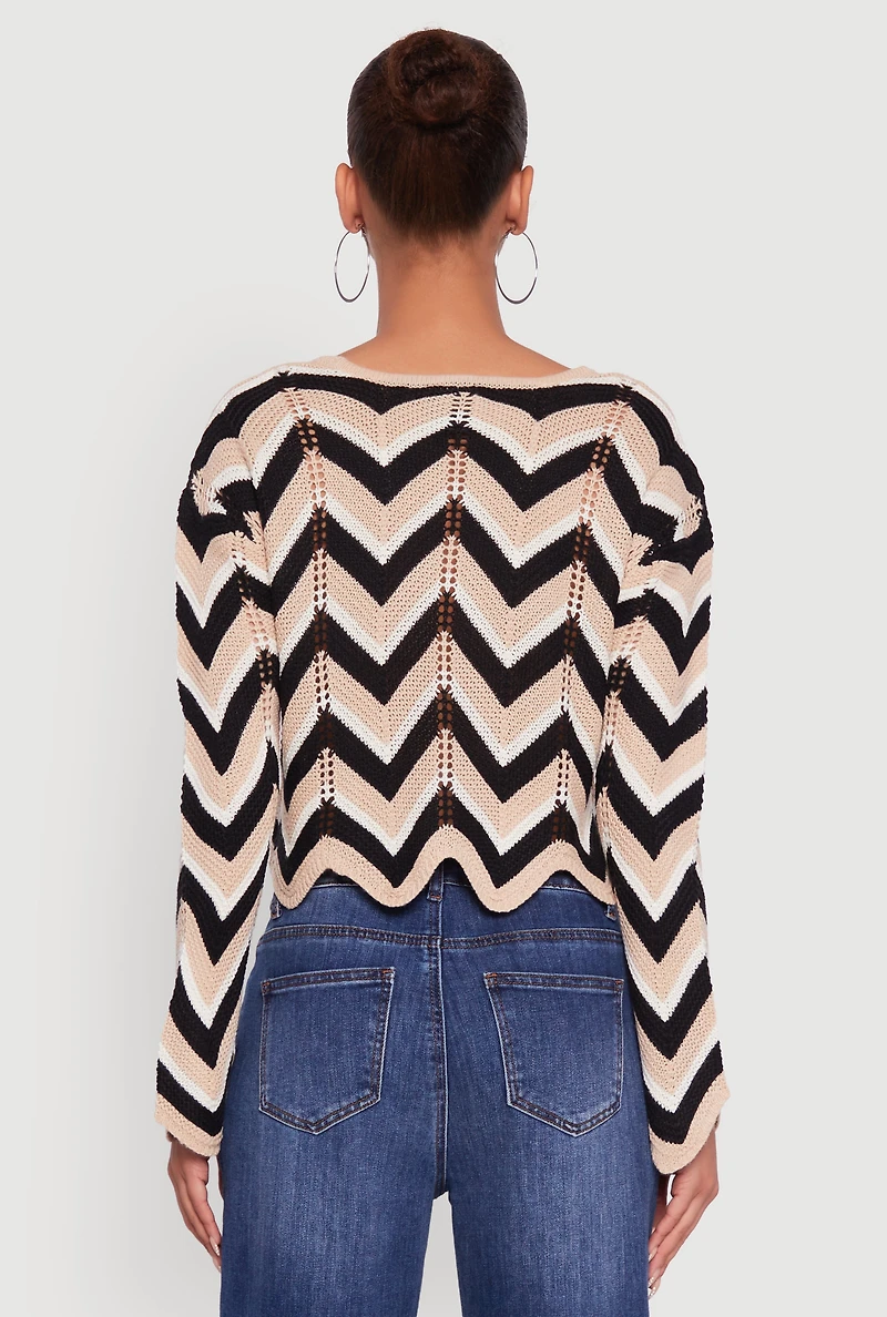 Womens Chevron Crochet Long Sleeve Cropped Sweater, Multi, Size S