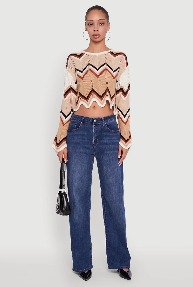 Womens Chevron Crochet Cropped Sweater, Multi,