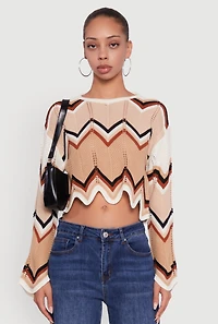 Womens Chevron Crochet Cropped Sweater, Multi,