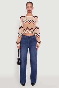 Womens Chevron Crochet Cropped Sweater, Multi,