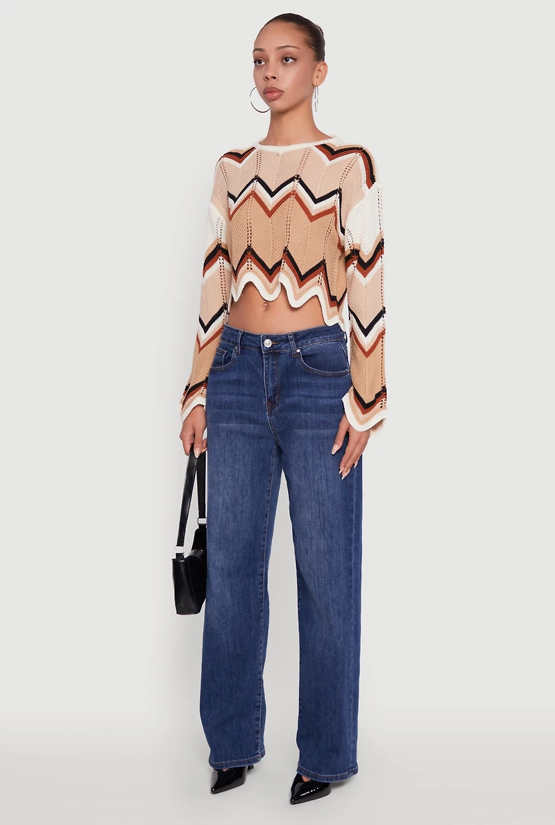 Womens Chevron Crochet Cropped Sweater, Multi,