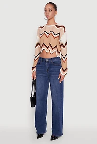 Womens Chevron Crochet Cropped Sweater, Multi,