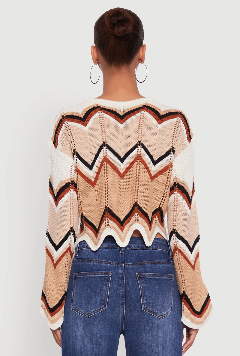 Womens Chevron Crochet Cropped Sweater, Multi,