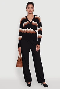 Womens Chevron Print Ribbed Knit Faux Wrap V-Neck Sweater, Multi,