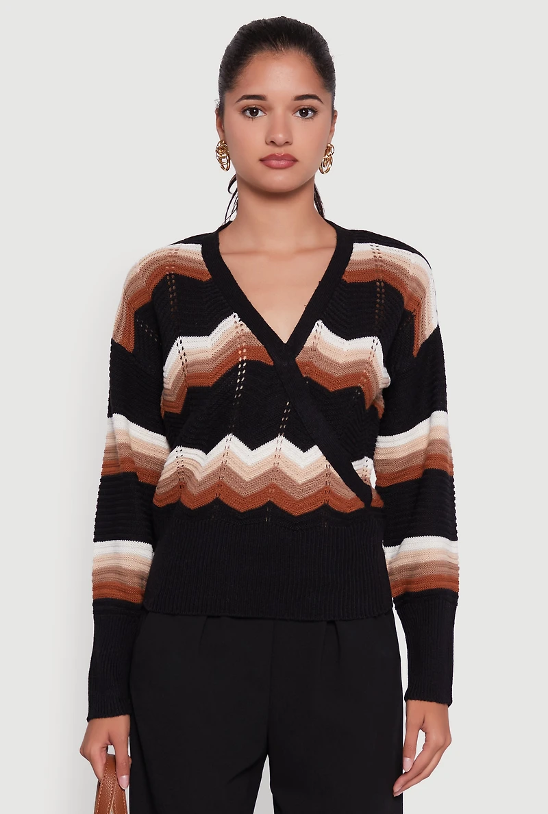 Womens Chevron Print Ribbed Knit Faux Wrap V-Neck Sweater, Multi,