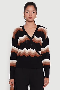 Womens Chevron Print Ribbed Knit Faux Wrap V-Neck Sweater, Multi,