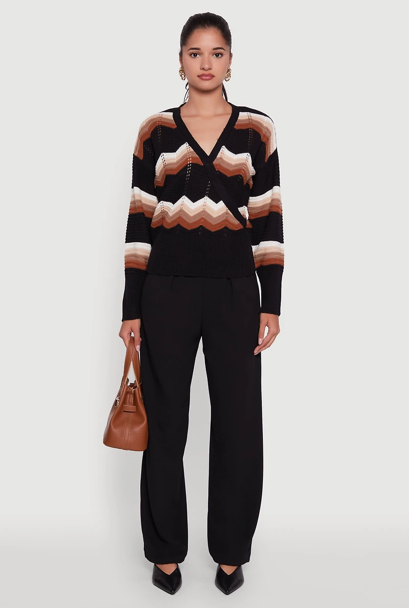 Womens Chevron Print Ribbed Knit Faux Wrap V-Neck Sweater, Multi,