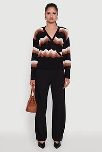 Womens Chevron Print Ribbed Knit Faux Wrap V-Neck Sweater, Multi,