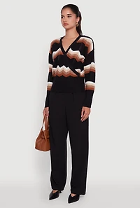 Womens Chevron Print Ribbed Knit Faux Wrap V-Neck Sweater, Multi,