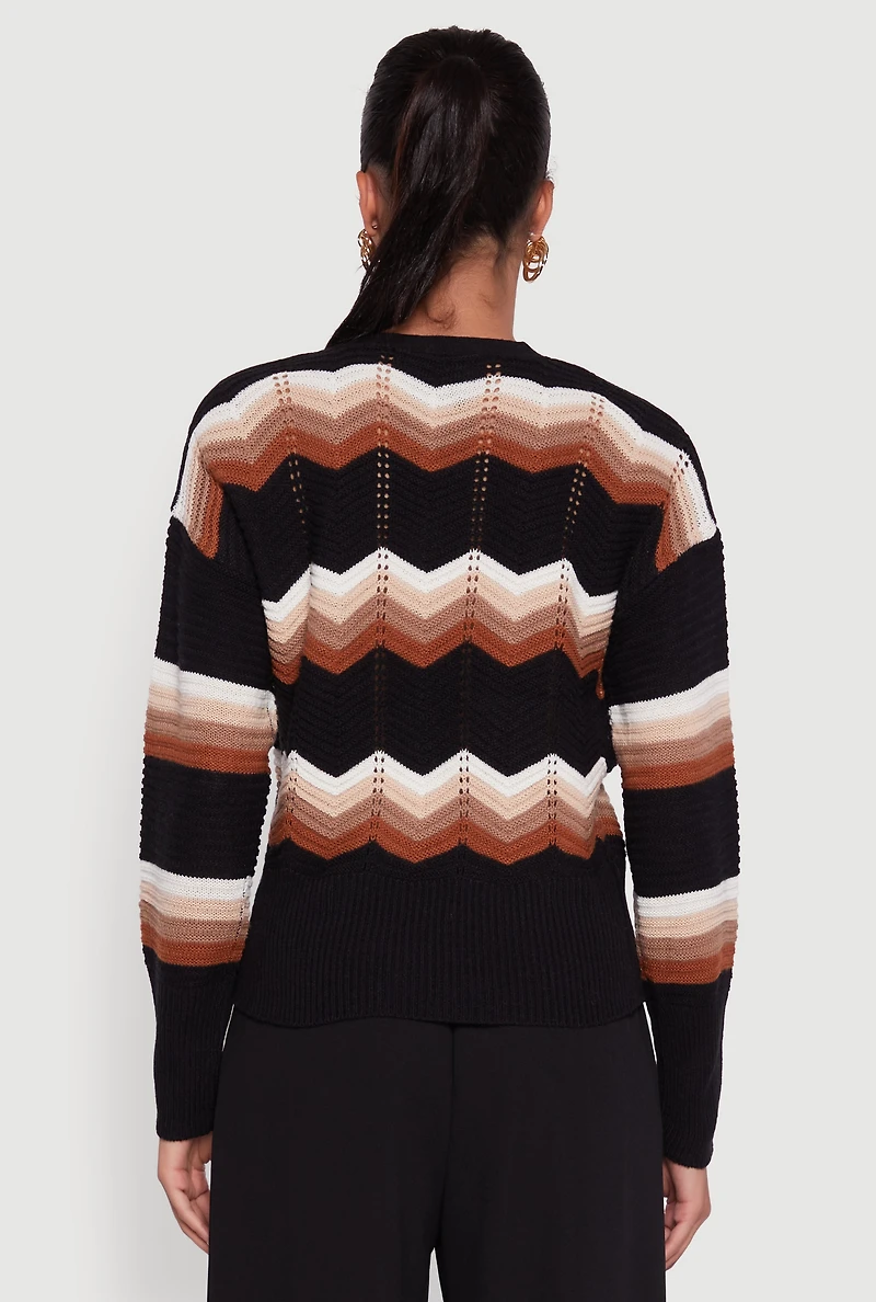 Womens Chevron Print Ribbed Knit Faux Wrap V-Neck Sweater, Multi,