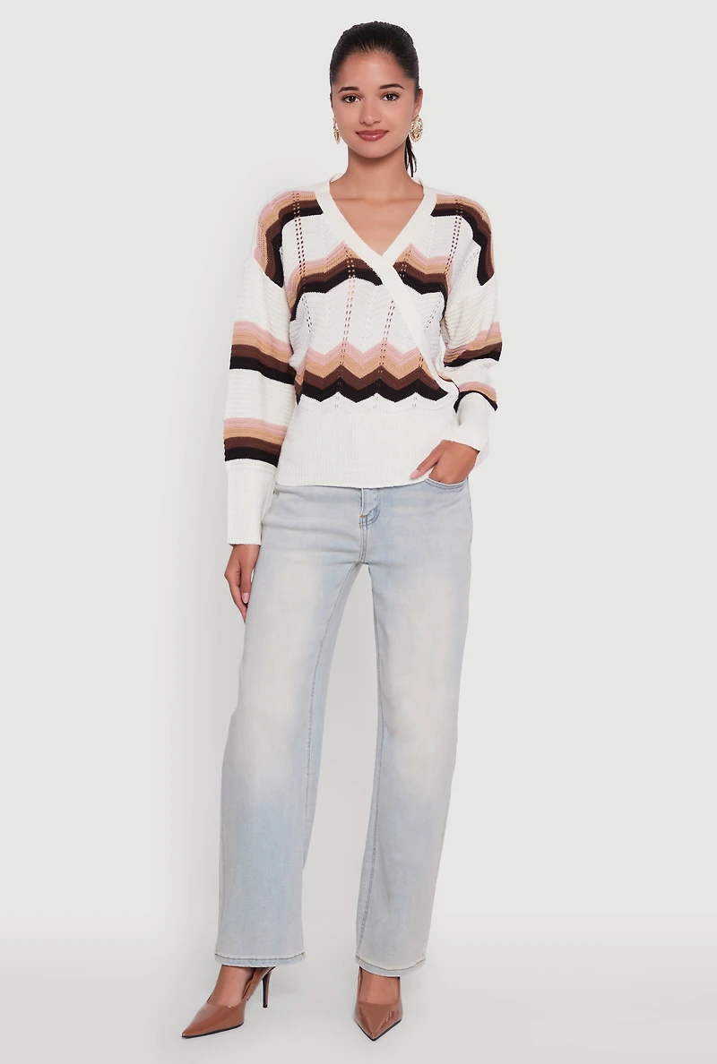 Womens Chevron Print Ribbed Knit Faux Wrap V-Neck Sweater, Multi,