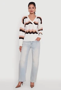 Womens Chevron Print Ribbed Knit Faux Wrap V-Neck Sweater, Multi,