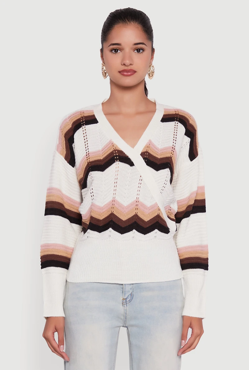 Womens Chevron Print Ribbed Knit Faux Wrap V-Neck Sweater,