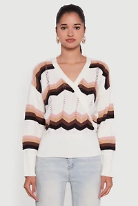 Womens Chevron Print Ribbed Knit Faux Wrap V-Neck Sweater,