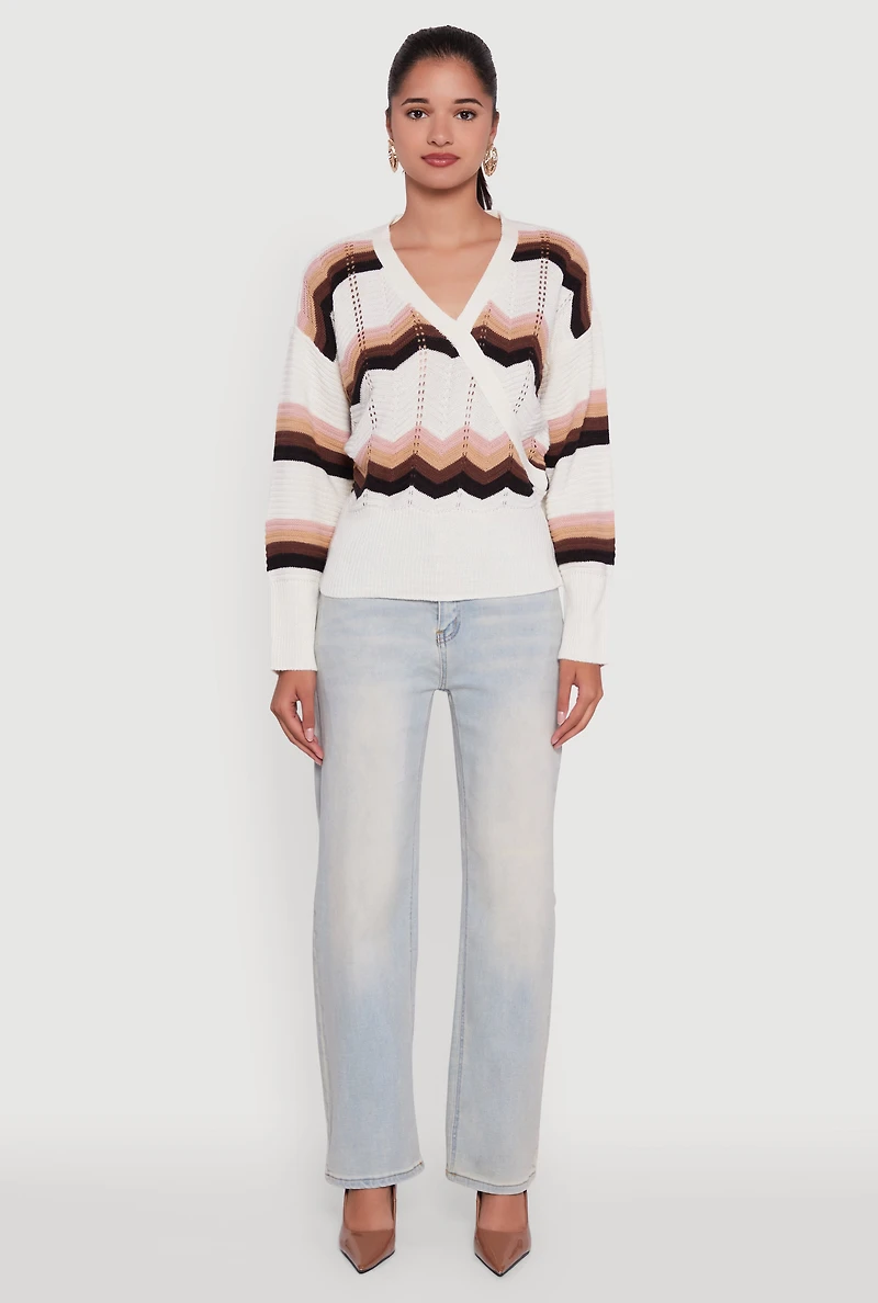 Womens Chevron Print Ribbed Knit Faux Wrap V-Neck Sweater, Multi,