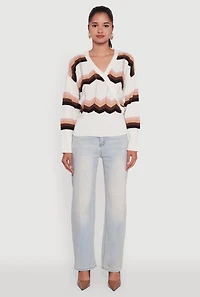 Womens Chevron Print Ribbed Knit Faux Wrap V-Neck Sweater, Multi,