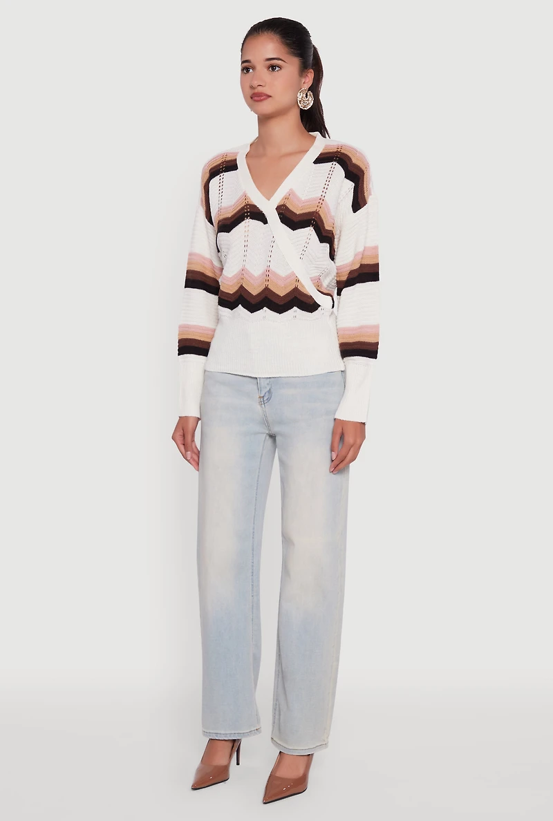 Womens Chevron Print Ribbed Knit Faux Wrap V-Neck Sweater, Multi,