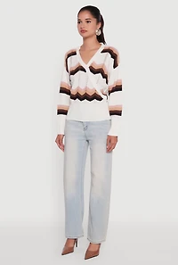 Womens Chevron Print Ribbed Knit Faux Wrap V-Neck Sweater, Multi,