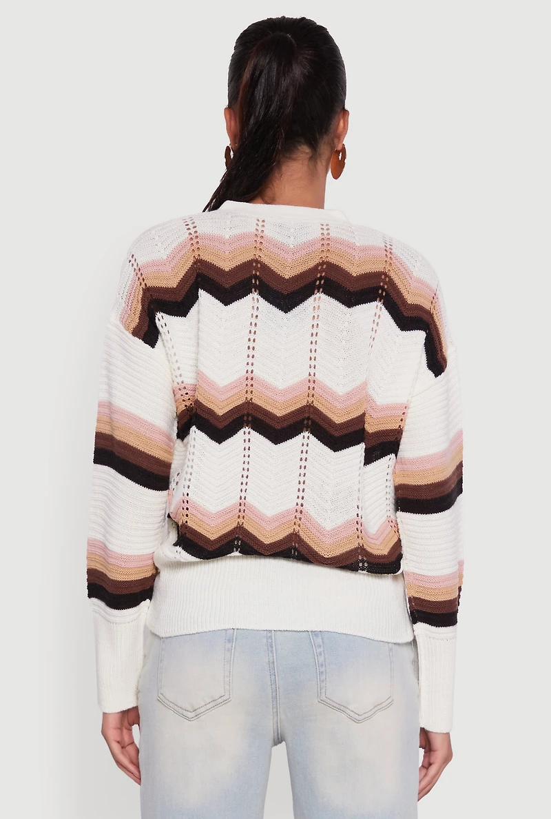 Womens Chevron Print Ribbed Knit Faux Wrap V-Neck Sweater, Multi,