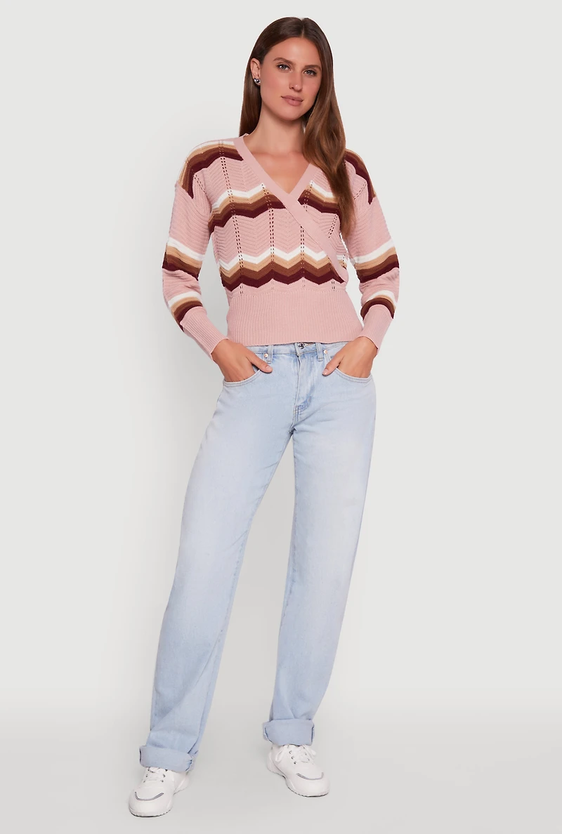 Womens Chevron Print Ribbed Knit Faux Wrap V-Neck Sweater, Pink, Size L