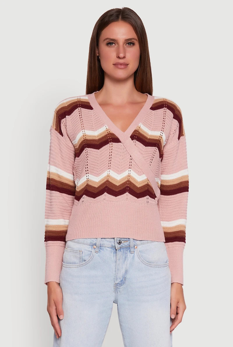 Chevron Print Ribbed Knit Faux Wrap V-Neck Sweater