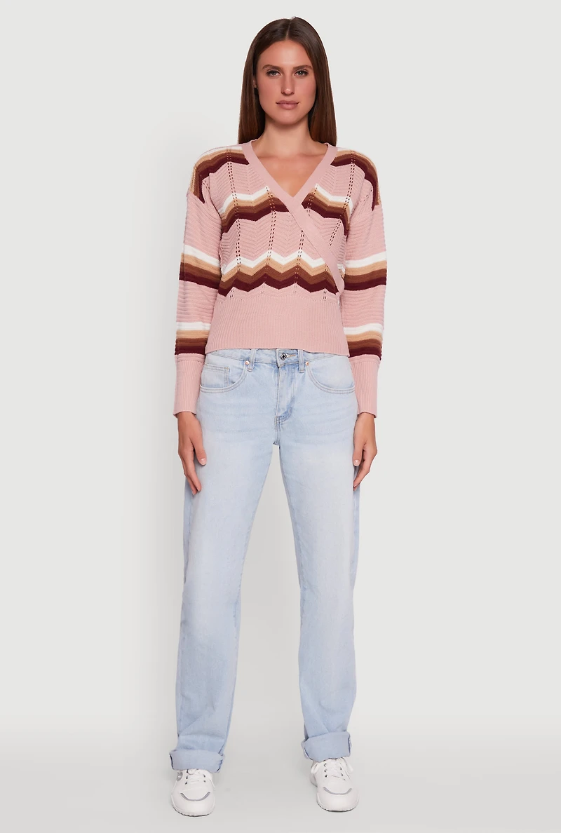 Womens Chevron Print Ribbed Knit Faux Wrap V-Neck Sweater, Pink, Size L