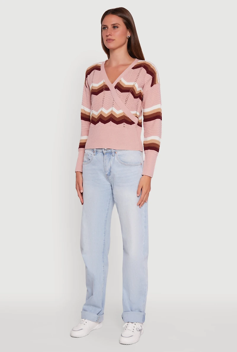 Chevron Print Ribbed Knit Faux Wrap V-Neck Sweater