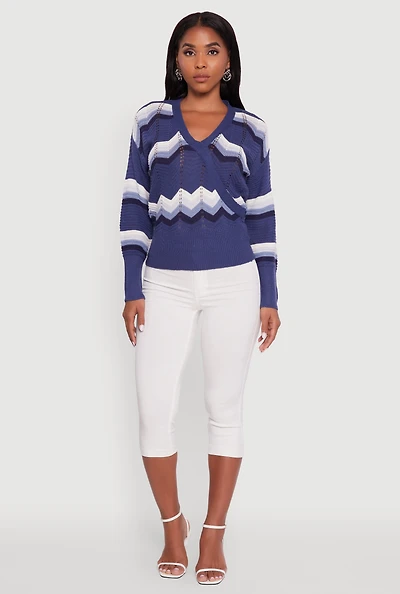 Womens Chevron Print Ribbed Knit Faux Wrap V-Neck Sweater,