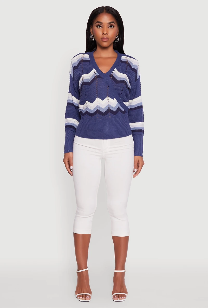 Womens Chevron Print Ribbed Knit Faux Wrap V-Neck Sweater,