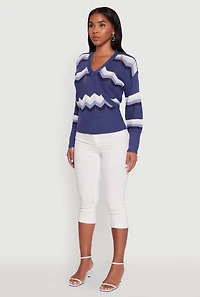 Womens Chevron Print Ribbed Knit Faux Wrap V-Neck Sweater,