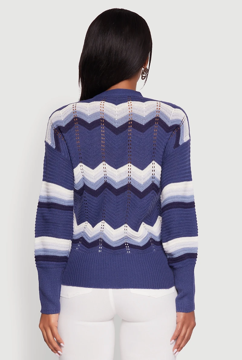 Womens Chevron Print Ribbed Knit Faux Wrap V-Neck Sweater,