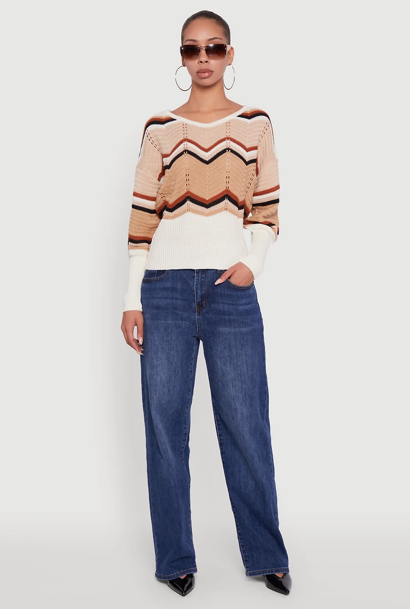 Womens Crochet Chevron Caged Back V-Neck Sweater, Multi,