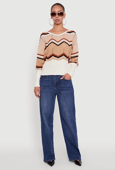Womens Crochet Chevron Caged Back V-Neck Sweater, Multi,