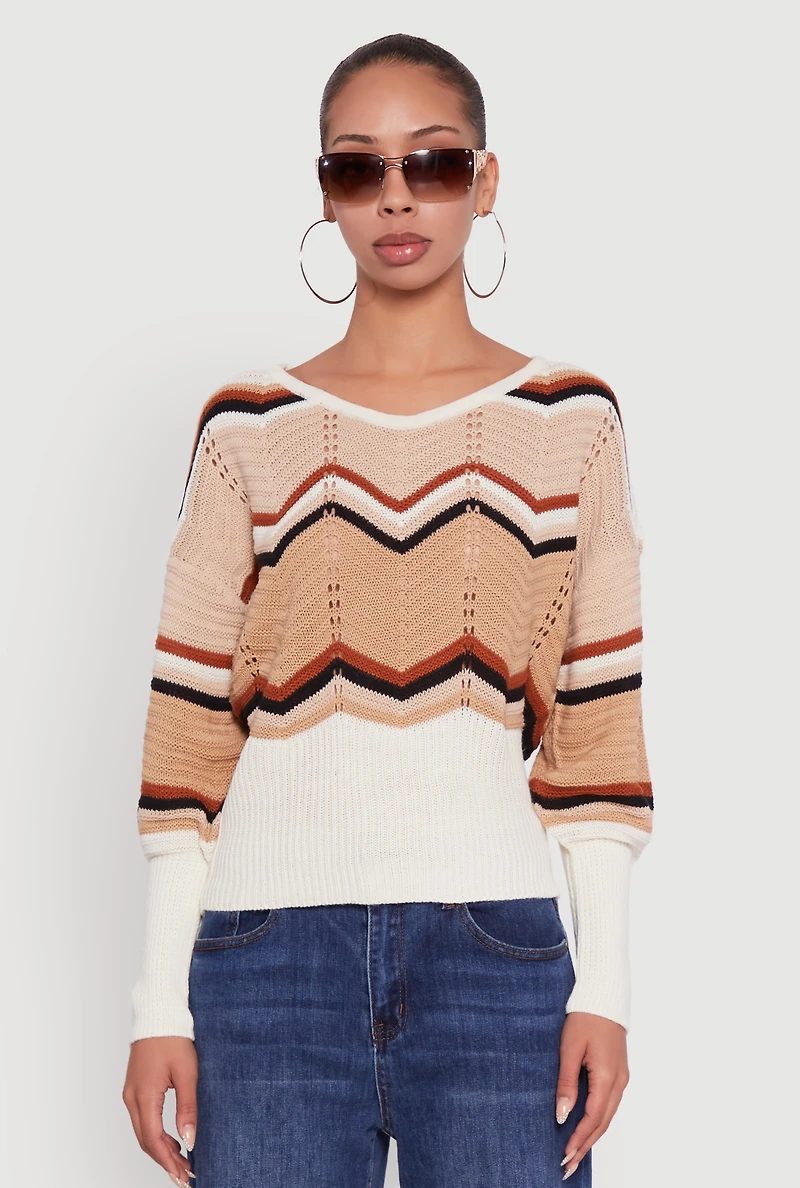 Womens Crochet Chevron Caged Back V-Neck Sweater, Multi,