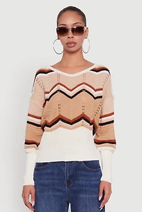 Womens Crochet Chevron Caged Back V-Neck Sweater, Multi,