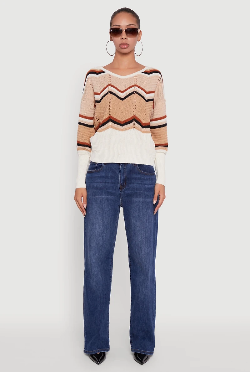 Womens Crochet Chevron Caged Back V-Neck Sweater,