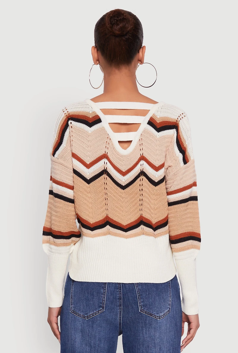 Womens Crochet Chevron Caged Back V-Neck Sweater,