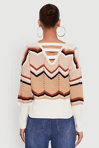 Womens Crochet Chevron Caged Back V-Neck Sweater,