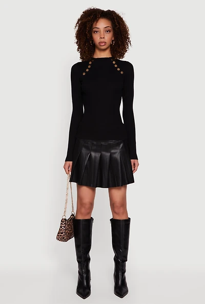 Womens Metallic Button Detail Rib Knit High Neck Sweater,